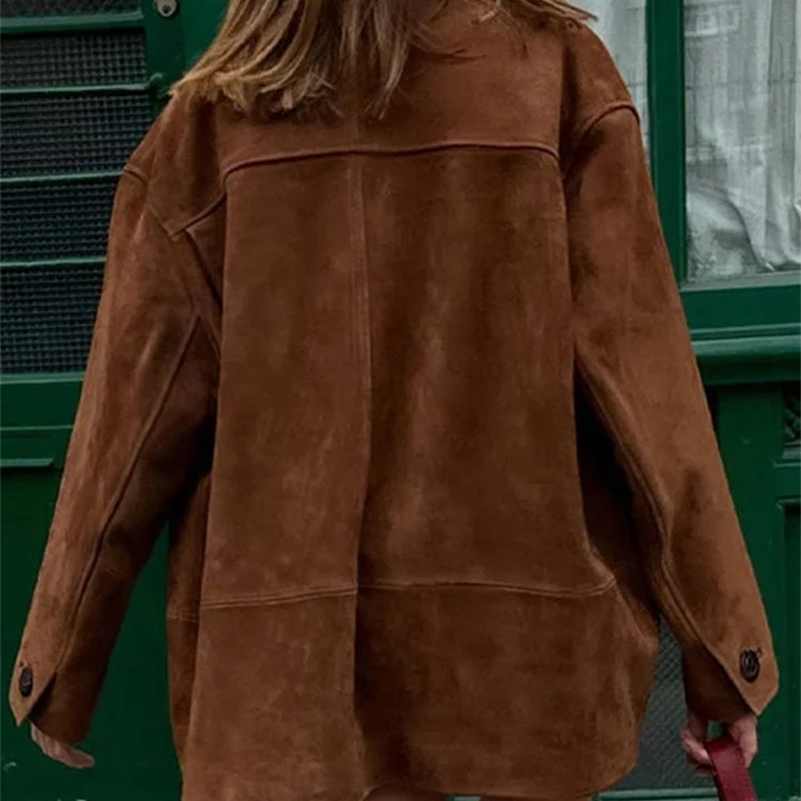 Retro Brown Suede Leather Women Streetwear Loose Single Breasted Pockets Long Sleeve Female Jacket 2024 Autumn Winter Lady Coats 241120