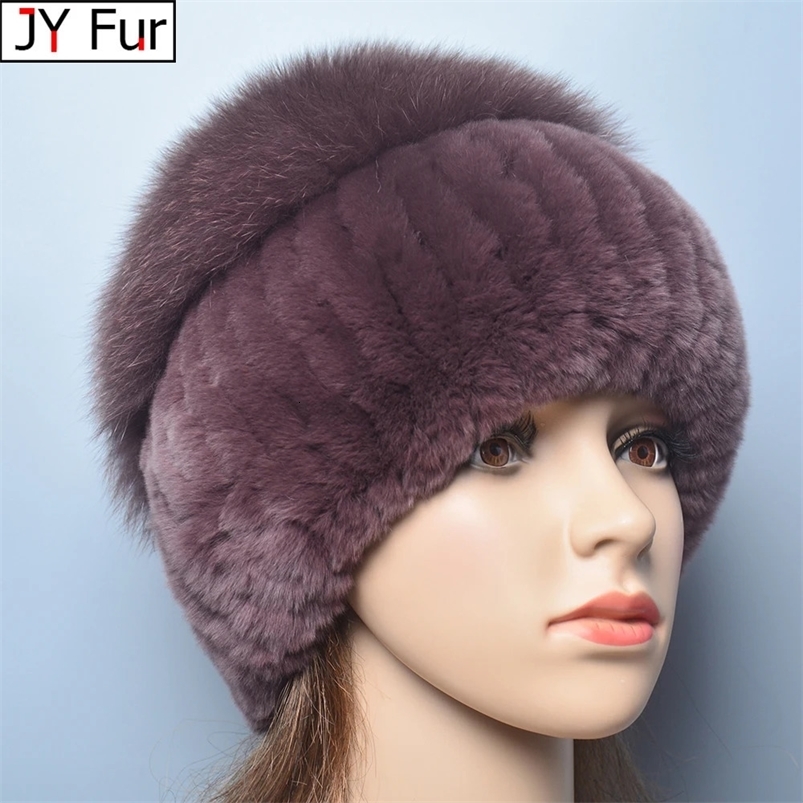 Russia Lady Winter Real Fur Hat Women Warm Knitted Genuine Rex Rabbit Fur Hat Top Natural Fox Fur Bomber Caps Rex Rabbit Fur Cap 241014