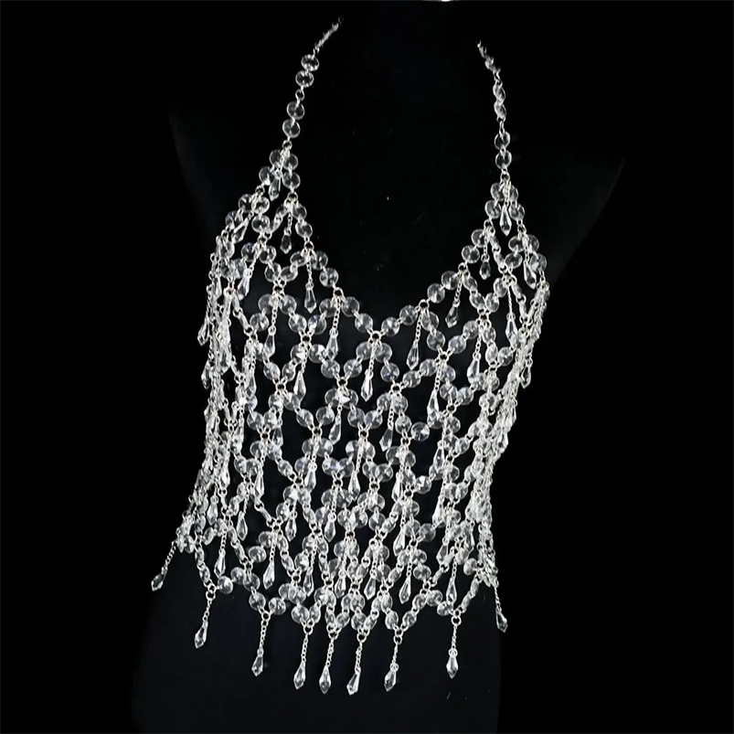 Sexy Tassel Rhinestone Chic Womens Lingerie Body Chain Top Water Drop Fishnet Crystal Shiny Chest Bra Bikini Sling Vest Jewelry 240910