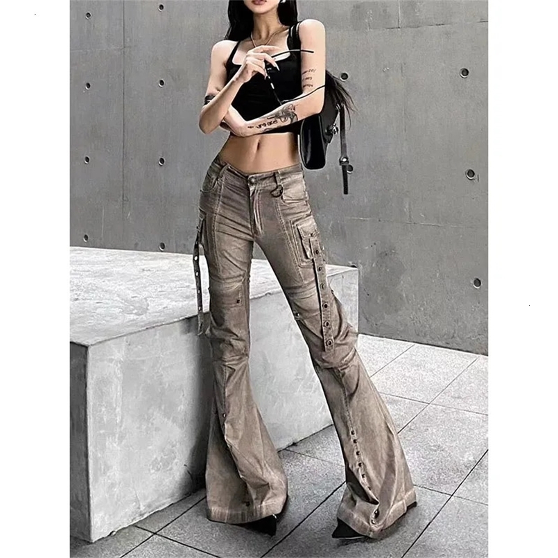Autumn Womens Casual Khaki Harajuku Jeans Vintage Korean Emo Loose Washed Pants Y2K Wide Leg Punk Sexy Denim Trouser 250418