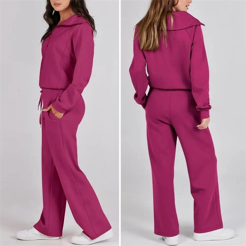 Oversized Sweatshirt Pants Set Women Two-piece Casual Suit Thick Loose Solid Color Tracksuit Set with Lapel Coat Wide for Fall 240829