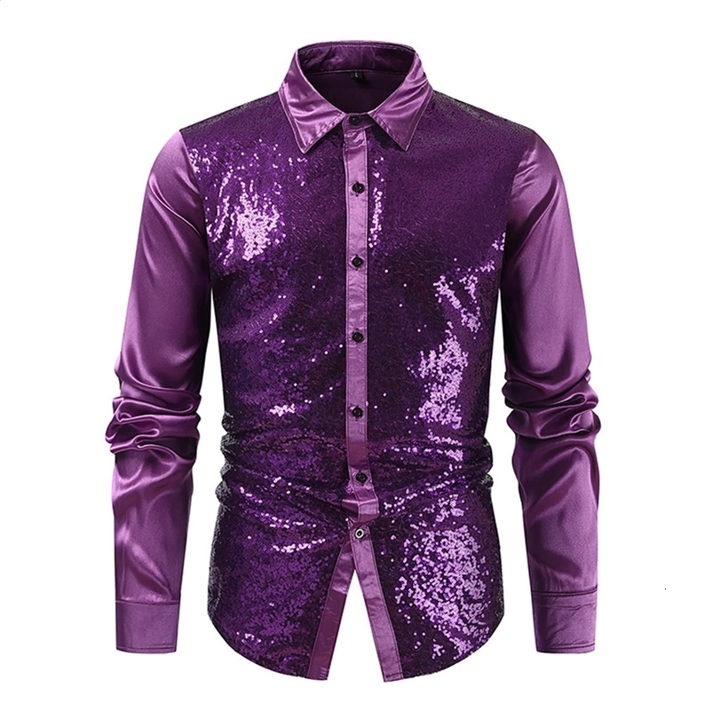 Mens club solid color gold sequin fashionable and personalized long sleeved shirt 250110