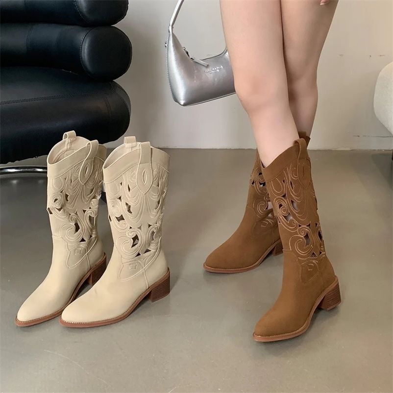 Leather hollow Western cowboy boots for womens summer ethnic style retro knight breathable thick boots modern Botas 240914bj