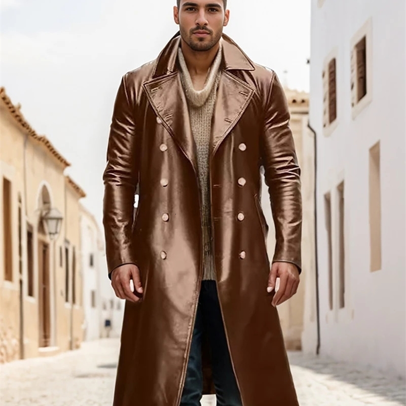 Mens 2024 Spring and Autumn Leather Coat Long Leather Windbreaker Mens Double-breasted Leather Jacket 241119