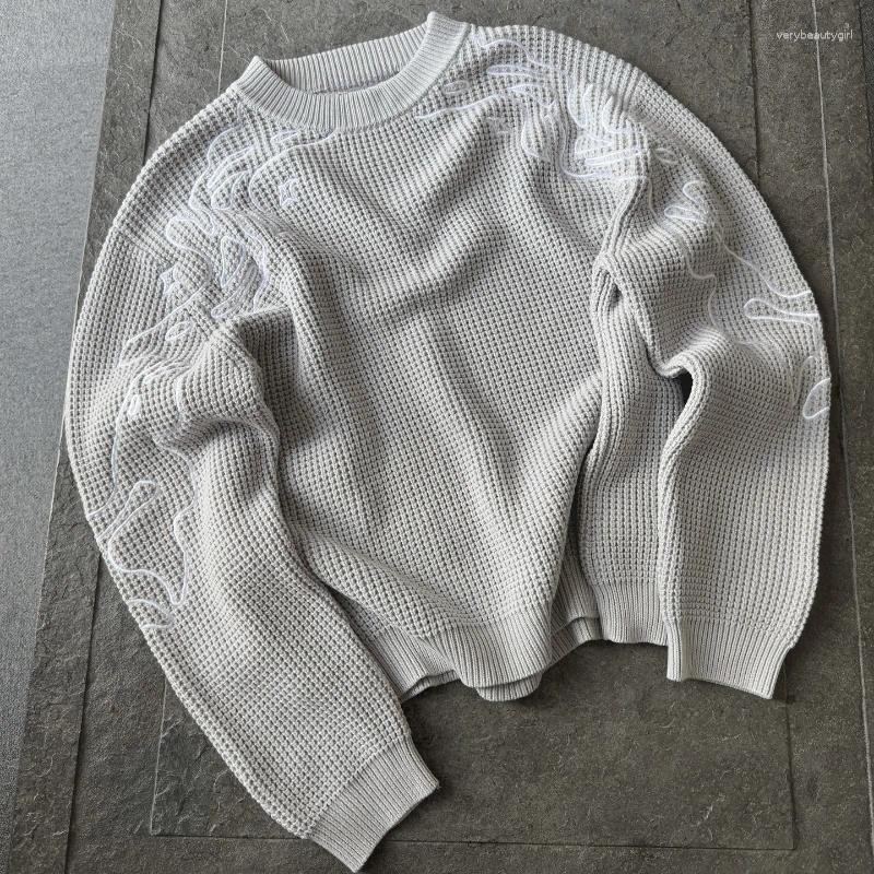 Men's Sweaters Y2K Retro Trendy Light Grey Knitted Sweater Embroidery Line Pattern Harajuku Pullover Autumn Winter Warm Unisex Loose