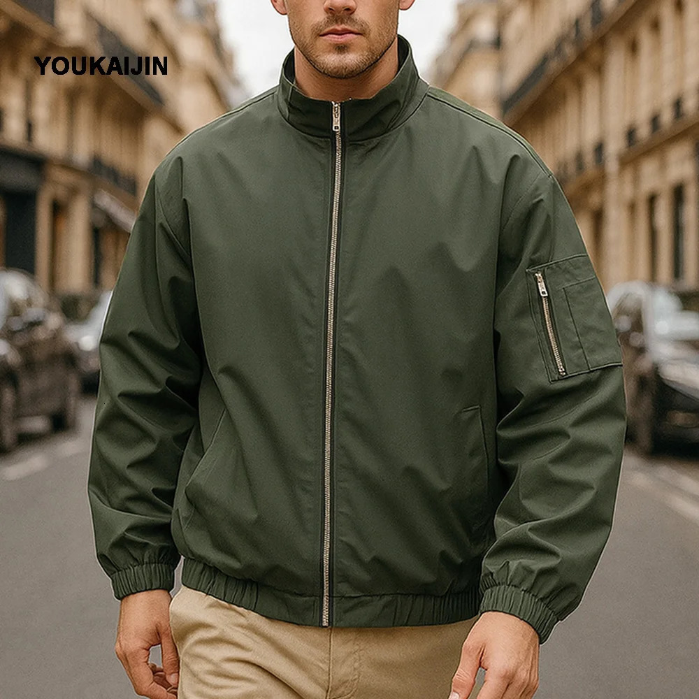 Bomber Jacket Men Autumn Solid Color Fashion Standup Collar Jackets in Outerwears for S5XL 250807