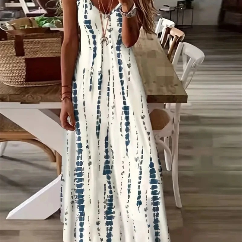 Womens casual loose V-neck tie dye printed spaghetti long skirt for summer beach vacation250425bj