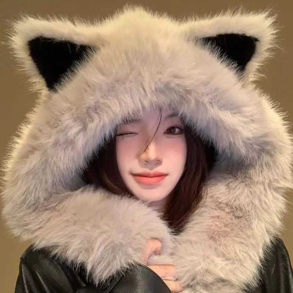 Korean Autumn Winter Balaclava Hats Fox Ear Plush Hat For Women Fur Streetwear Warm Cap Outdoor Fashion Earflap Hat Neck WarmXJ250923