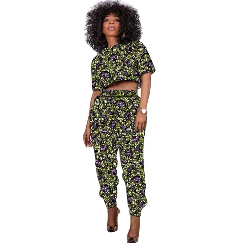 African Print Outfit Summer Womens Set Short Tops With Jogger Pants Casual Female Ankara Clothing 250418