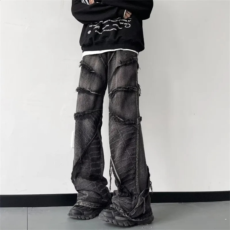 HOUZHOU Y2K Punk Black American Street Rock Retro High Waist Oversized Jeans Men Raw Edge Washed Darkwear Wide Leg Trousers Men 240819