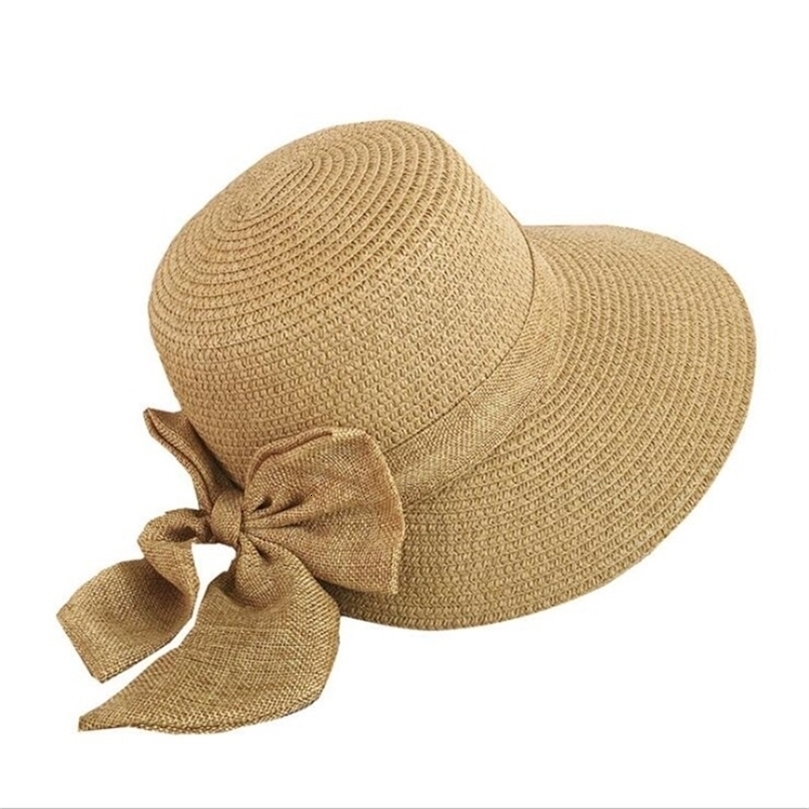Womens Sun Hat Big Bow Wide Brim Floppy Summer Hats For Women Beach Panama Straw Bucket Hat Sun Protection Visor Femme Cap 220607