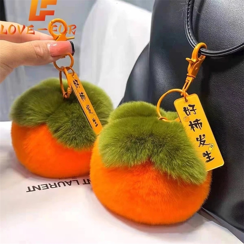 2024 Real Rabbit Hair Mini Cute Small Persimmon Keychains Women Plush Rex Rabbit Fur Car Key Chain Bag Decoration Pendant Gift250120bj