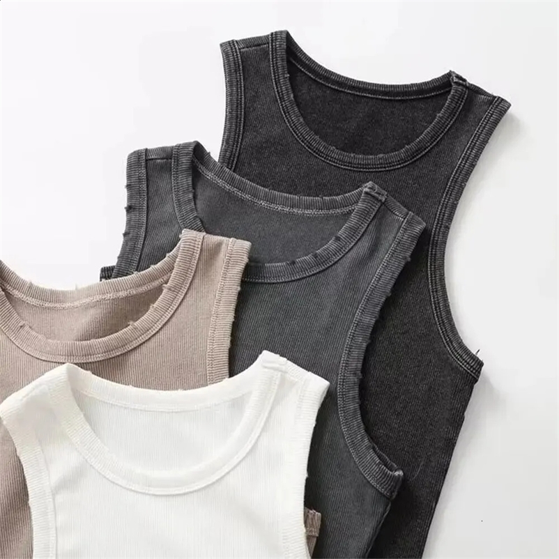 women fashion wash hole T-shirt vest womens solid color retro sleeveless slim top Washed Vest high quality womens wear250222bj