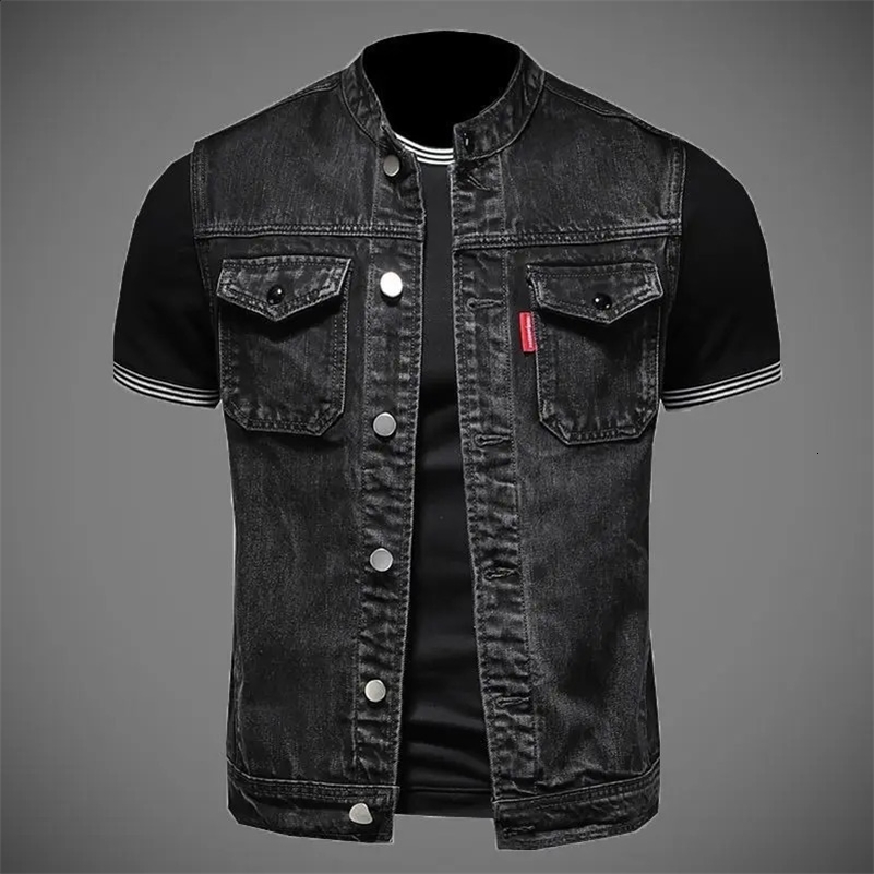 2024 mens denim jacket motorcycle vest retro fashion motorcycle riding clothes casual versatile denim vest mens clothing 241120
