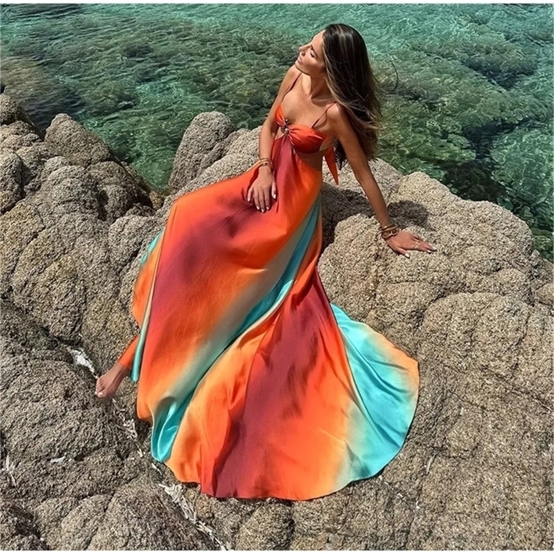 Sexy Summer Holiday Printed Strapless Hollow Out Dress Women Fashion Contrast Color Backless Robes Beach Party Vestidos 250425