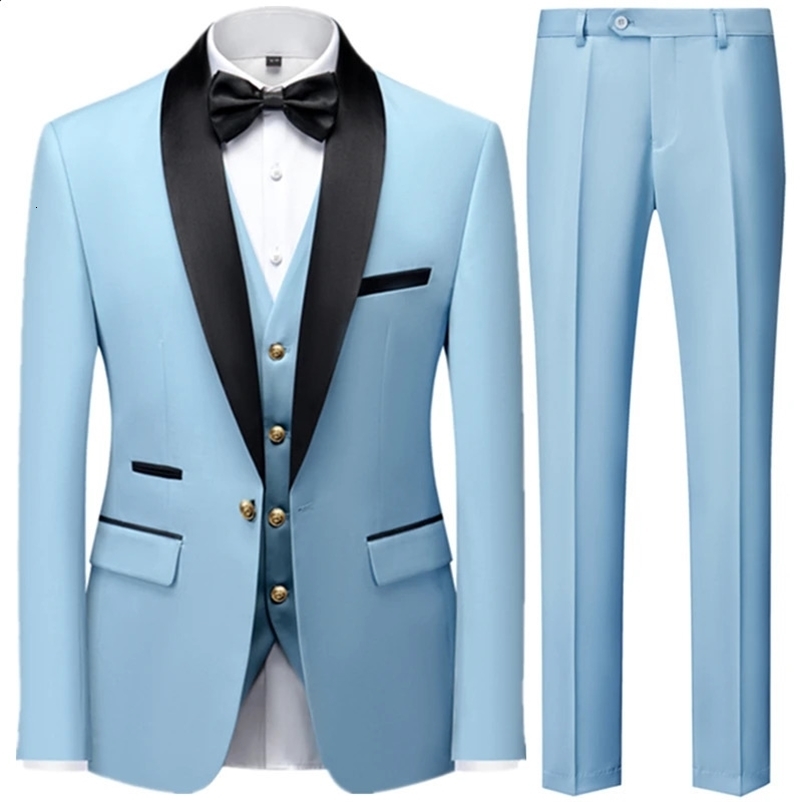 Mens Mariage Color Block Collar Set Jacket Trouser Waist Coat Mens Business Casual Wedding Coat Tank Top Pants 3-Piece Set 240821bj