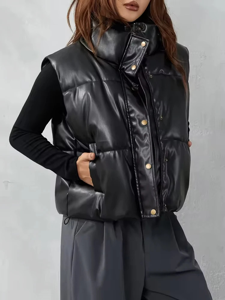 Spring Autumn Leather Vest Women Female Sleeveless Waterproof Jacket Women Puffy Down Waistcoat PU Puffer Oneck Vest Winter 250911