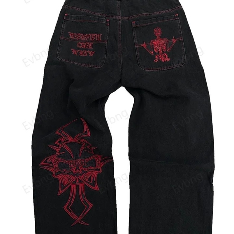 Hip Hop Y2K Jeans Mens Retro Skull Embroidery Washed Womens Denim Pants Straight Casual Loose Wide Leg Trouser Streetwear 240708