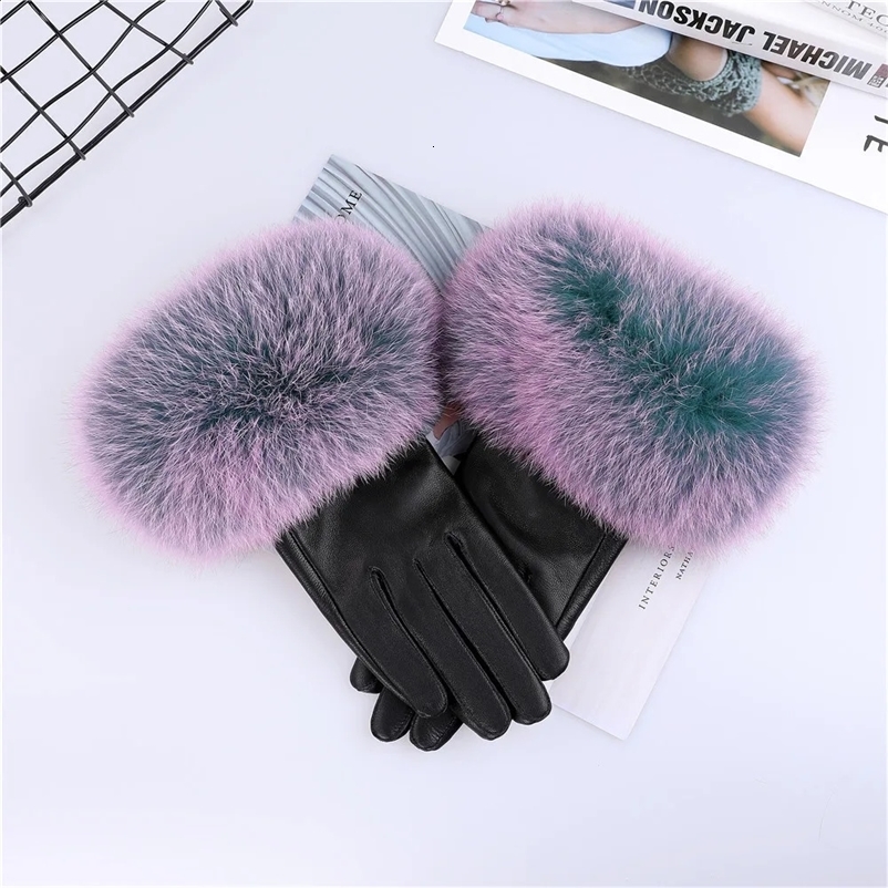 Real sheepskin fox fur gloves womens genuine leather gloves winter warm and fashionable style natural fluffy fox fur over customized 241206bj