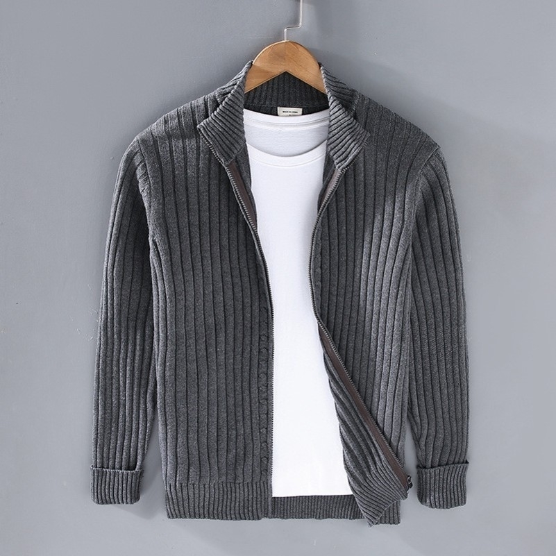 Autumn Winter Men Cardigan Sweater Mens Stand Collar Zipper Cotton 100% Thickened Knit Solid Color High Street Clothes 240816