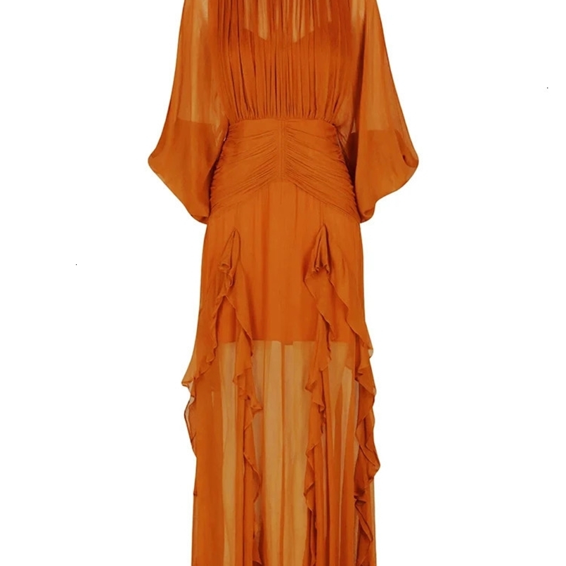 TWOTWINSTYLE Ruffle Trim Ruched Dress For Women Round Neck Lantern Sleeve High Waist Solid Midi Dresses Female Autumn Clothing 250322