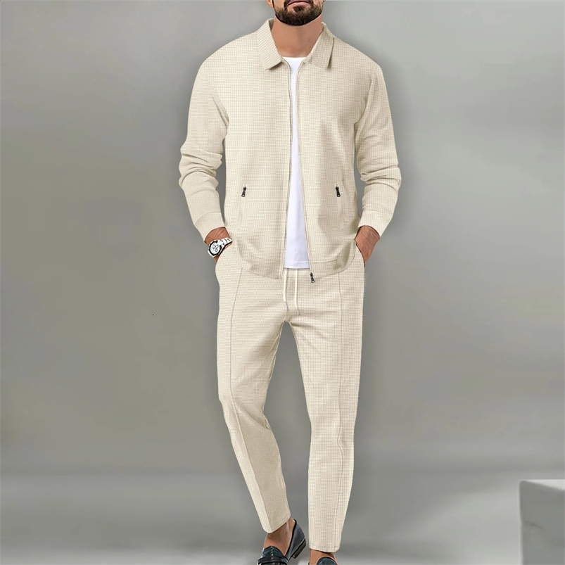 Mens Casual Waffle 2 Piece Set Loose lapel zip-up Jacket and Pants set Mens clothing Fall fashion set 240819