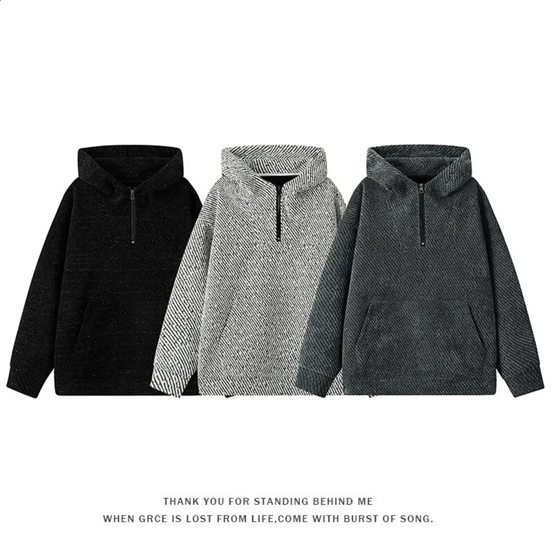 Spring Fabrics Denim Hoodie Classic Solid Color Half Zipper Hoodie Mens Extra Large Loose Casual Jacket 241230