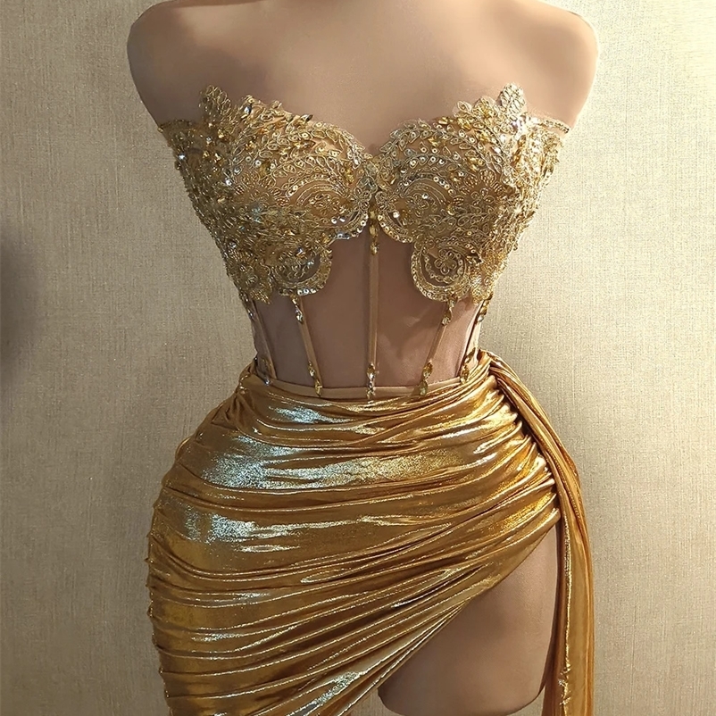 Women Glitter Top Two Pieces Short Skirt Sets Sexy Strapless Sequins Rhinestone Gold Dress 2024 Stage Show Outfit250120bj