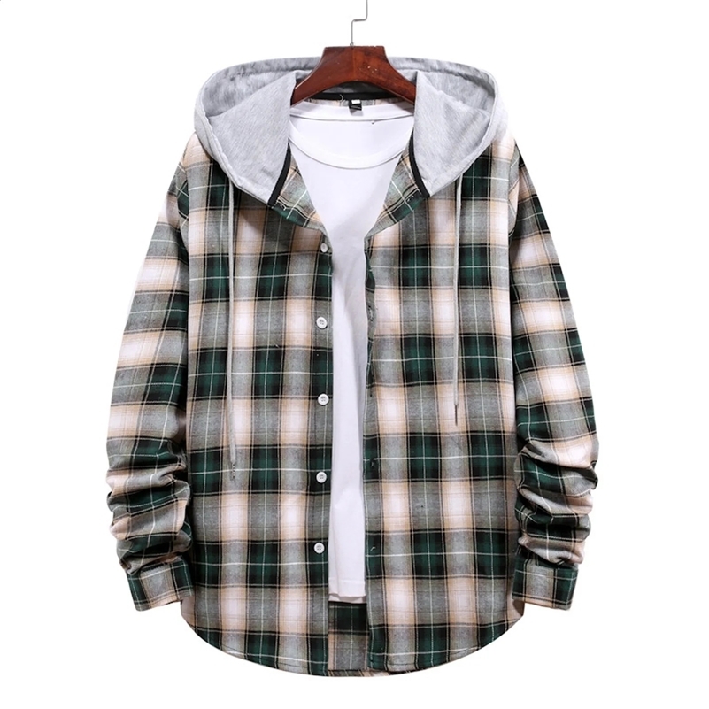 Men Casual Plaid Shirt Hooded Oversized Casual MenS Clothes European American Style Handsome Holiday Checked Shirts 240824