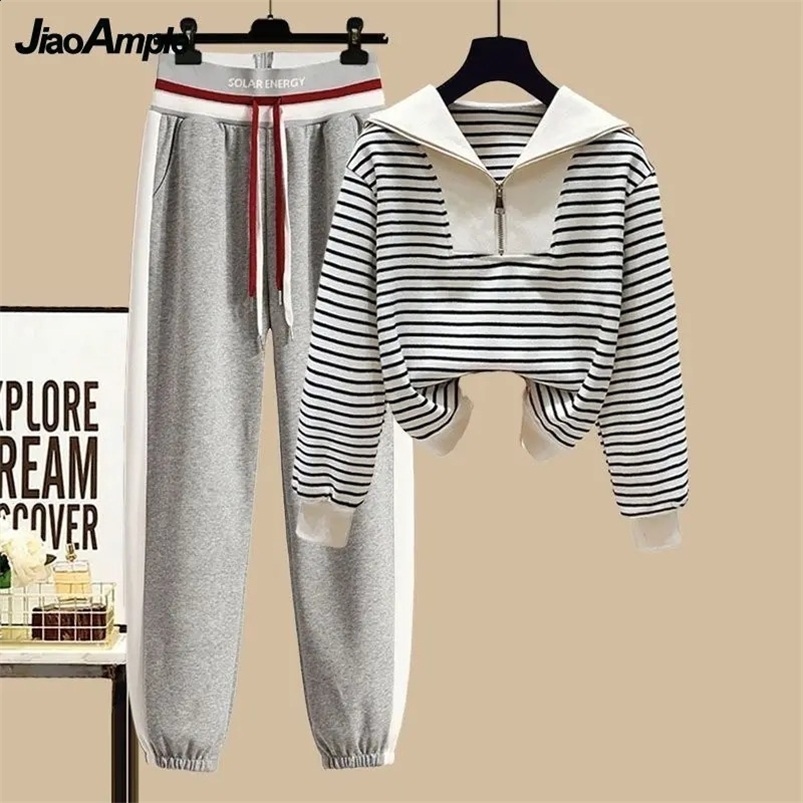 Womens Autumn Winter Tracksuit Korean Striped Zip Sweater Blouse High Waist Casual Pants Sportswear Two Piece Suit 240812