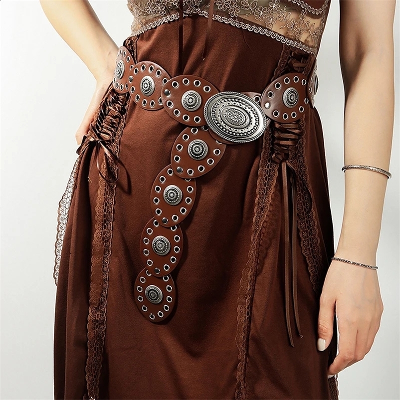 Women Vintage Personality Disc Belt Hollow-Out Metal Oval Waistband Jeans Dress Sweater Decorative Adjustable Belt Retro 80s 90s 250318bj