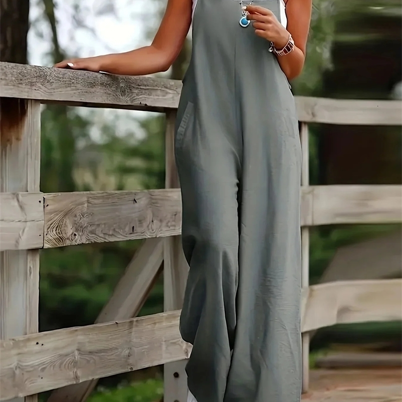 Plus Size 1XL-5XL Womens Casual Pocket Wide Leg Jumpsuit Ladies Fashion Loose Sleeveless Pants 250318