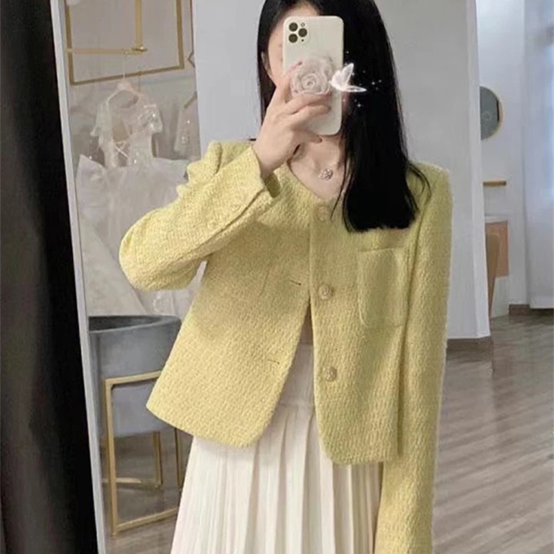 Jmprs Women Sweet Yellow Tweed Jackets Korean Fashion Long Sleeve Elegant Short Coats Casual All Match Female Simple Slim Tops 250507
