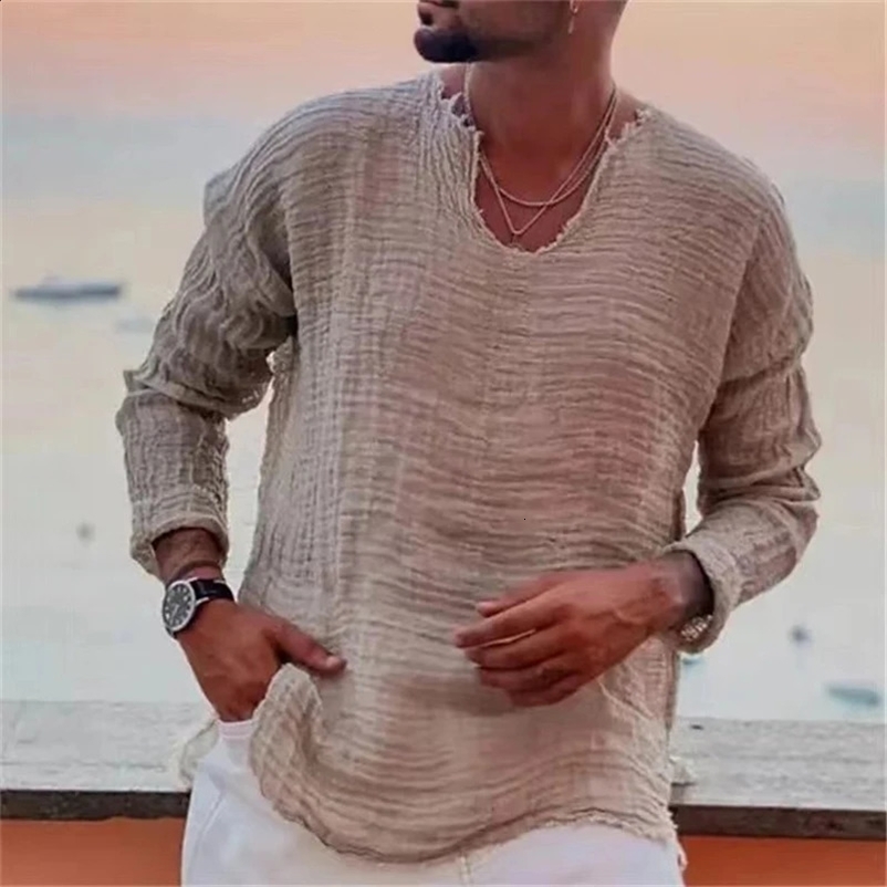 Spring Summer Fashion Men Cotton Linen T-shirts Vintage Solid Casual Loose Oversized Tees Tops V-neck Long Sleeve T-Shirts Man250222bj