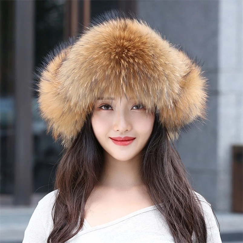 Winter 100% Real Fox Fur Hats Womens Russian Ushanka Snow Skiing Fashion Hat Earflap Caps Raccoon Fur Bomber Hat 2024 241014