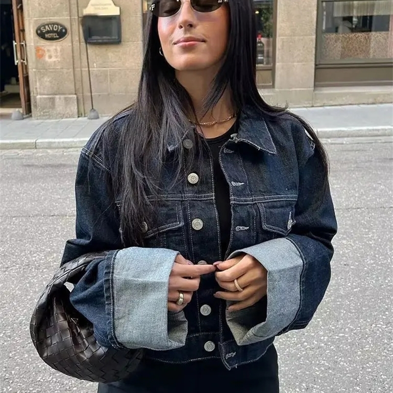 TRAFZA Womens Retro Denim Jacket Single Chest Collar Long Sleeve Jacket Pocket Deep Blue Denim Jacket Fashion Street 241206bj