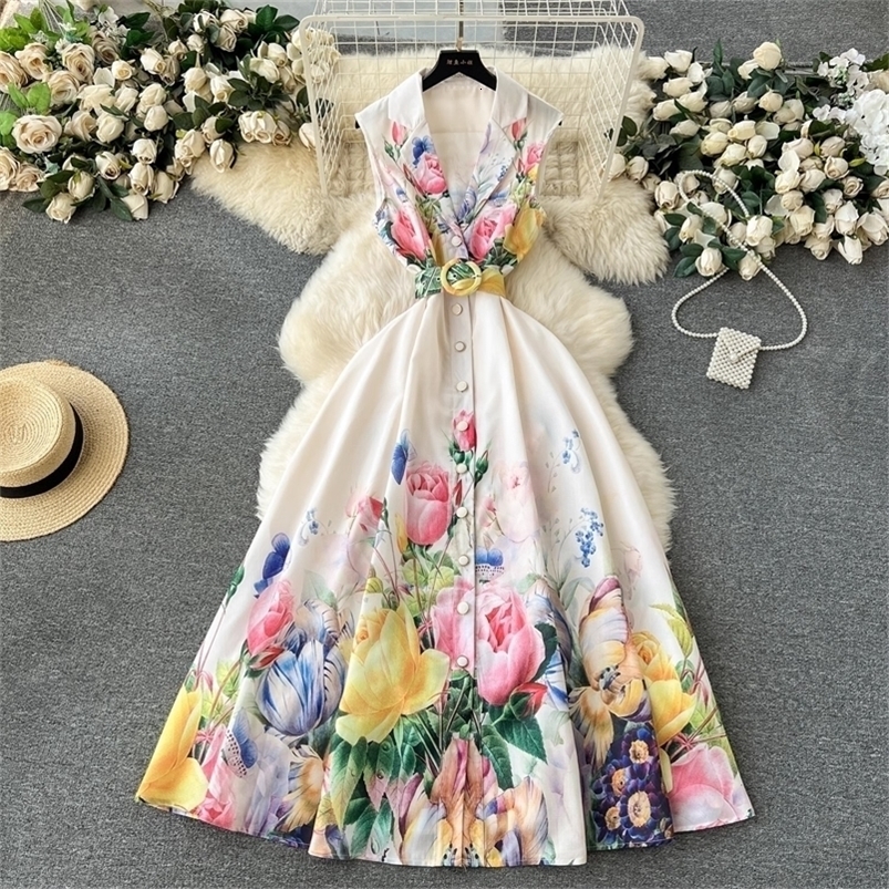 Summer Holiday Beach Dress Womens Notched Collar Sleeveless Single Breasted Floral Print Belt Long Boho Party Vestido 6389 240812