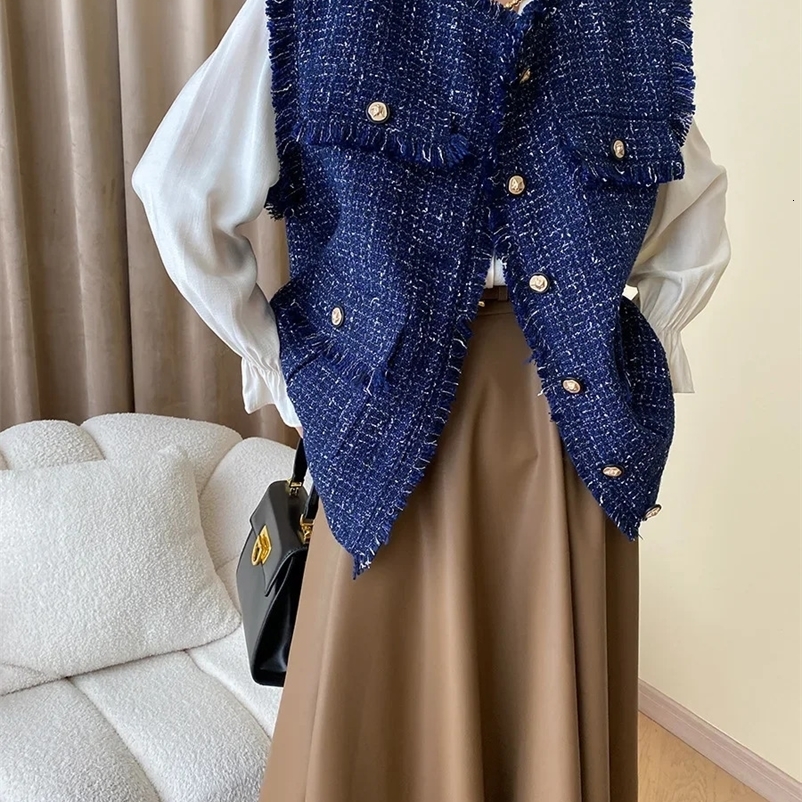 Womens Fashion Waistcoat Student High Quality Jacket Autumn Winter Tassel Fragrant Woven Tweed Vest Coats 240823