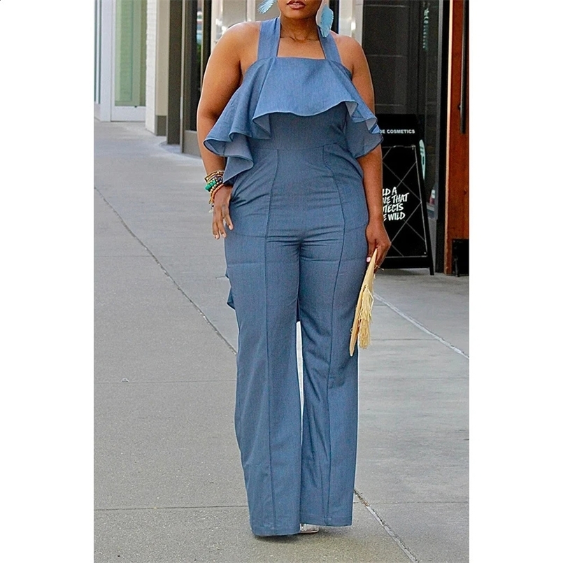 Plus size womens blue daily backless ruffled wide-leg summer casual jumpsuit 250318