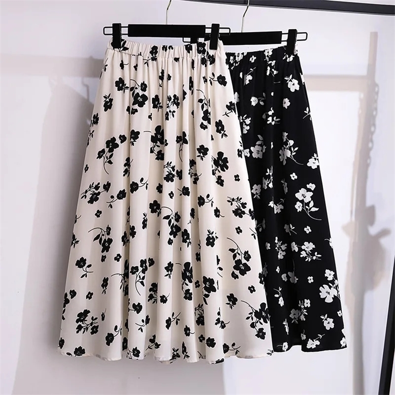 175Kg Plus Size Womens Summer Loose Floral Chiffon A-Line Skirt Hip 175 Apricot Black 5XL 6XL 7XL 8XL 9XL 10XL 240527