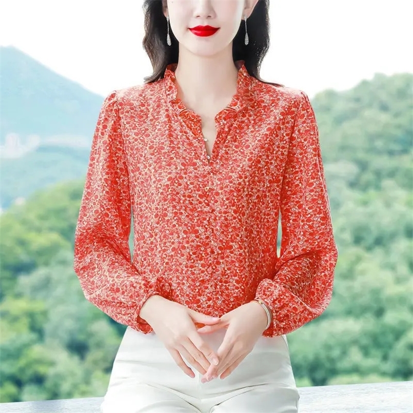 Womens Spring Autumn Fashion Printed Half Open Neck Button Ruffles Flower Long Sleeve Pullover Versatile Loose Shirts Tops 250310