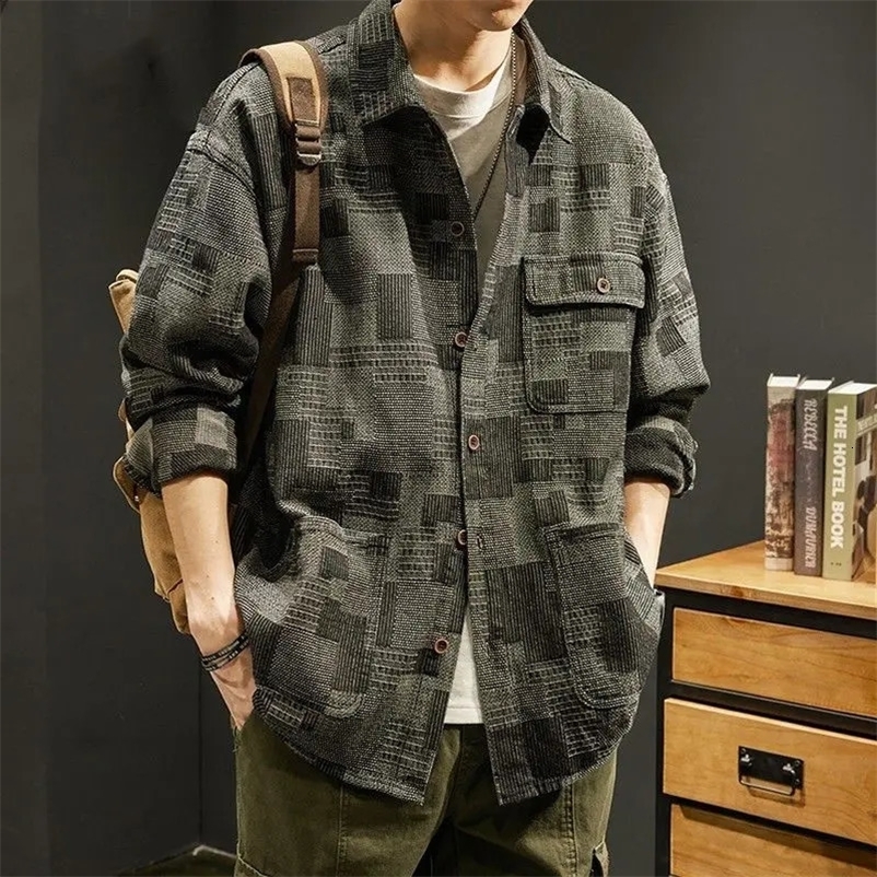 American Vintage Men Plaid Work Shirt Coat Spring Autumn Fashion Male Clothes Casual Loose Black Grey Long Sleeve Jackets 240829
