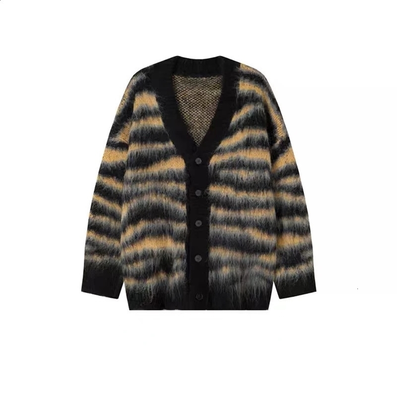 Mens Sweater Knitted Sweater Mink Velvet Color Striped Vintage Sweater Jacket for Men and Women Loose Harajuku Cardigan 240729