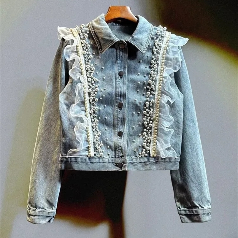 Spring heavy-duty work bead lace patchwork short denim jacket womens blue light blue lapel single breasted long sleeved denim jacket 241021