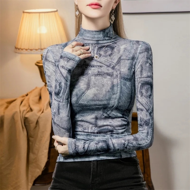 #2006 Spring 2025 Tie Dye Denim Printed Mesh Long Sleeve T Shirt Women Thin Sexy Streetwear Short Tshirt Female Elastic Skinny 250122