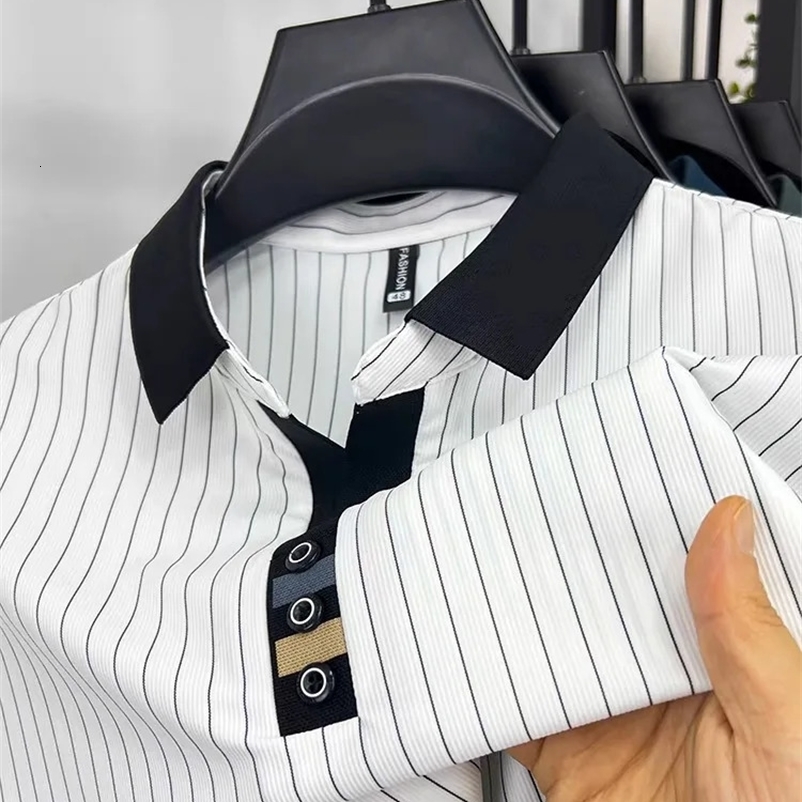 striped mens short sleeved fashionable polo shirt summer cool breathable casual lapel golf T-shirt 250410