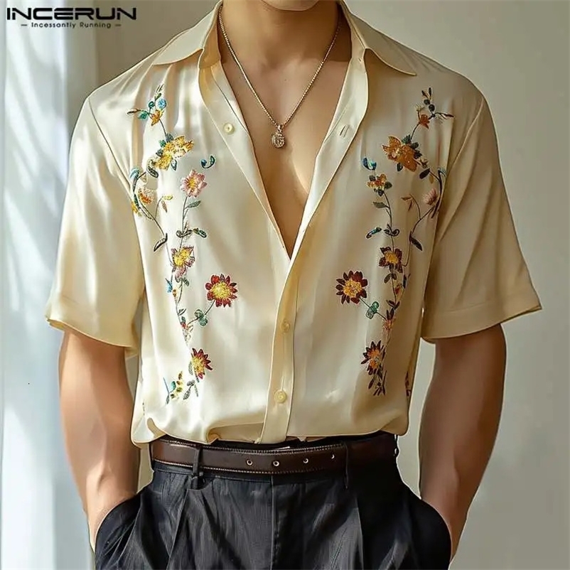 INCERUN Tops 2024 Korean Fashion Mens Personalized Printed Flower Shirt Summer Street Clothing Short Sleeve Collar Shirt S-5XL240807bj