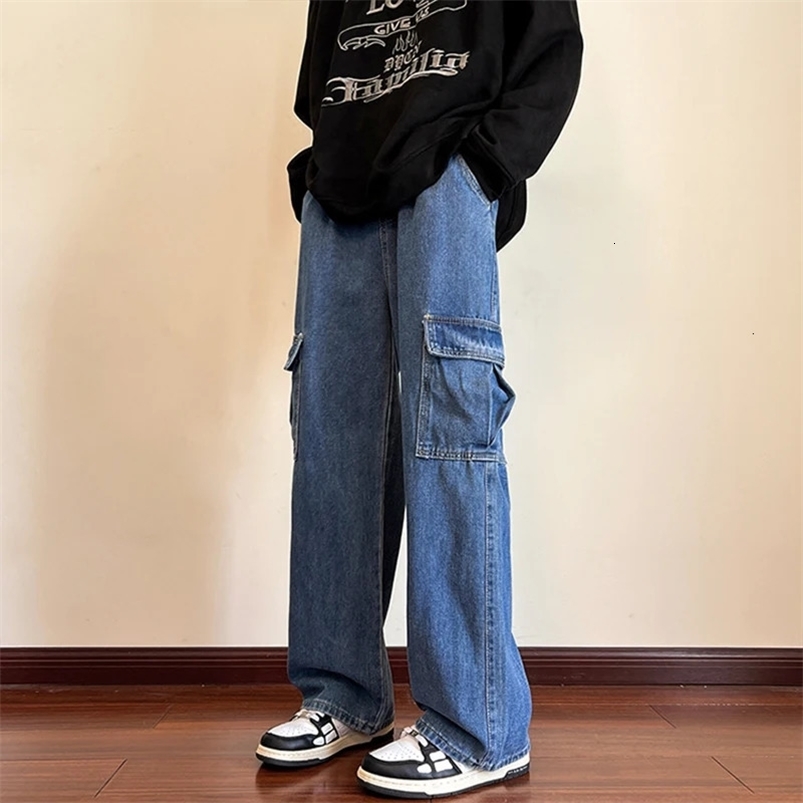 Mens Jeans Solid Color Large Pocket Cargo Pants Casual Retro Korean Y2k High Street Casual Daily Party Loose Pants 240708