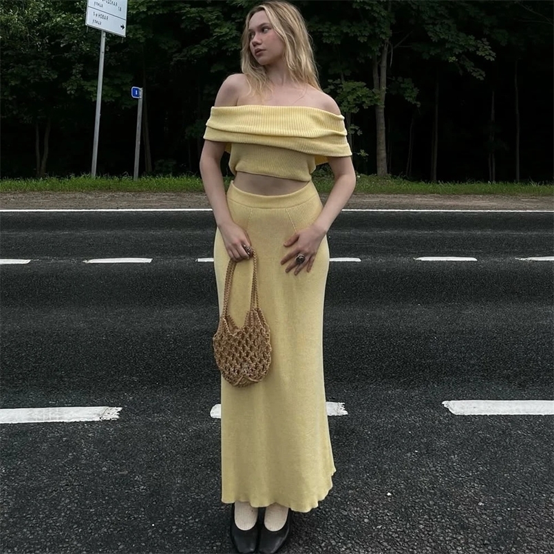 Tuularose Knitted Skirt Two-piece Set Womens Summer One Shoulder Sleeveless Top High Waist Slit Skirt Set Casual Lady Skirt Set 250411
