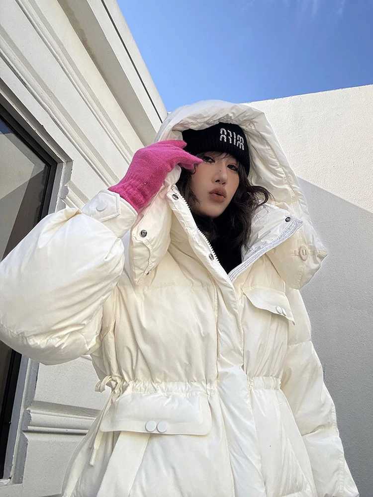 Winter Drawstring Hooded Mid Length Down Jacket Women 90 White Duck Down Parker Down Jackets Female Zipper Warm Thick Outwears Z250923